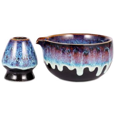 Imagem de KHZSPP Tigela Matcha com bico, conjunto de batedor Matcha, tigela de cerâmica e suporte de batedor, kit Matcha para iniciantes amantes fazendo bebidas com leite, presente para amantes iniciantes (azul