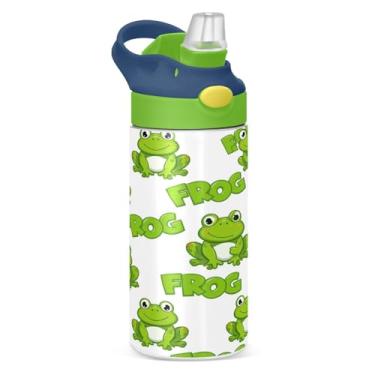 Imagem de IHCVHQX Cute Green Frog Garrafa de água infantil com isolamento térmico de parede dupla copo de aço inoxidável à prova de vazamento copo de viagem para meninos meninas crianças 340 g