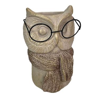 Imagem de Vaso de cimento de coruja de óculos 21 cm – Vaso caprichoso de animais com óculos reais, cachecol texturizado de malha e detalhes metálicos dourados, acabamento acinzentado envelhecido, presente