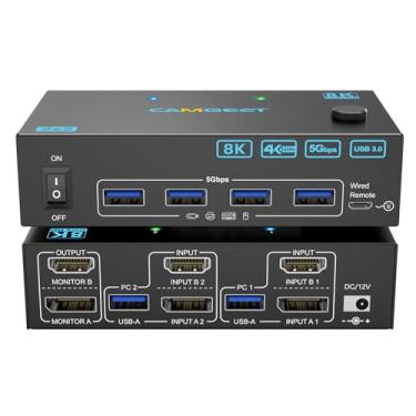 Imagem de 4K@144Hz HDMI Displayport KVM Switch 2 Monitores 2 Computadores, Camgeet USB 3.0 Dual Monitor KVM Switch para 2 PC 2 Monitores e 4 Portas USB 3.0, Adaptador 12V e Controle Remoto com Fio Incluídos