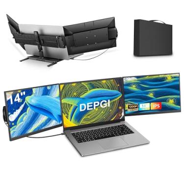 Imagem de DEPGI Extensor de tela de laptop de 14 polegadas, monitor triplo portátil com conexão de um cabo FHD 1200p, monitor de tela dupla para laptop de 13 a 17,3 polegadas com suporte para MacOS/Windows