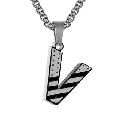 Imagem de Zocomi Colar com pingente de inicial da bandeira americana para homens e meninos, corrente de aço inoxidável 316L A-Z caixa de letras 50 + 5 cm joias presentes, Aço inoxidável, Sem Pedra Preciosa