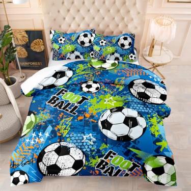 Imagem de DYcolor Conjunto de edredom de futebol, solteiro/queen - design de futebol americano, azul marinho e verde, roupa de cama alternativa leve para meninos e adolescentes, decoração esportiva de basquete