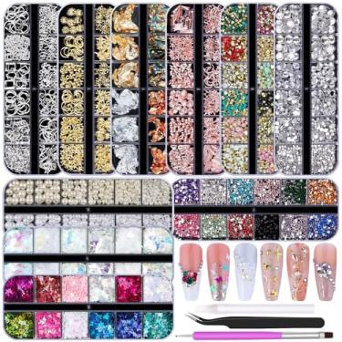 Imagem de kikonoke Kit De 10 Caixas Para Nail Art - 12 Cores Strass Pontiagudos/Lisos, Tachas 3D Douradas/Prateadas/Rosas, Meias Pérolas Brancas E Bege, Glitter Holográfico Folhas Metálicas + 4 Ferramentas Ar
