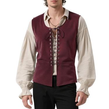 Imagem de Tyuduo Colete masculino medieval renascentista pirata gótico steampunk para homens, Vermelho, M