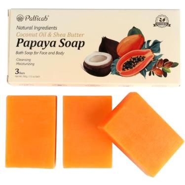 Imagem de PALFICAB Sabonete em barra esfoliante e hidratante natural, óleo de mamão e coco, manteiga de karité, óleo essencial de melaleuca, óleo essencial de limão – vegano, sabonete em barra com rede de