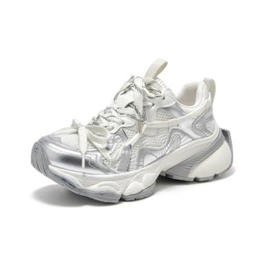 Imagem de BEAU TODAY Tênis feminino moderno de plataforma, sapatos de caminhada de couro grosso, para mulheres, vestido casual, confortável, antiderrapante, de malha, corrida, academia, tênis, Prata - 2, 34