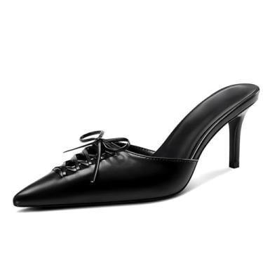 Imagem de Dsevht Salto gatinho preto feminino bico fino fechado elegante salto laço vintage mules sexy pontudo cravejado sapato stiletto, Preto, 37