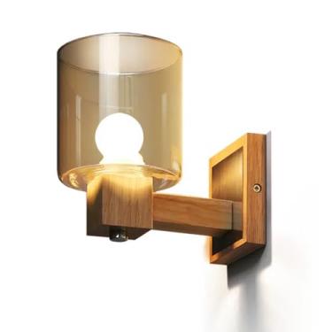 Imagem de Luminária de parede de madeira estilo fazenda, cilindro nórdico, arandela de vidro transparente âmbar, luminária de parede vintage de aço inoxidável, E14, luminária de decoração retrô de mad