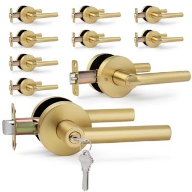Imagem de LOQRON Pacote com 10 maçanetas de porta de entrada com chave dourada escovada, design redondo, maçanetas resistentes com fechadura, reversível para canhoto/direito para porta de entrada e frente,