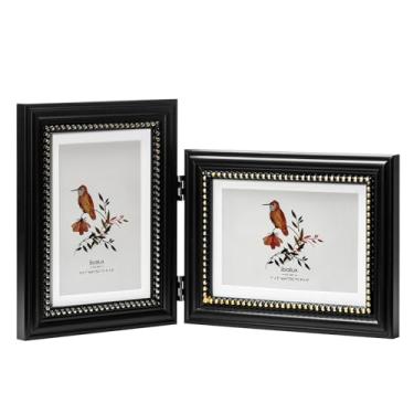 Imagem de ibalux Moldura dupla com dobradiça vertical e horizontal 12 x 17 cm em preto com acabamento em contas douradas, madeira maciça com vidro verdadeiro, fosco para 10 x 15 cm, moldura para mesa de mesa
