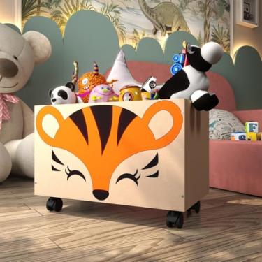 Imagem de Caixa Organizadora Infantil Multiuso Para Brinquedos Baú De Madeira Com Rodinhas Caixote De Madeira(Tigre)