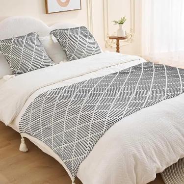 Imagem de Cachecol de corredor de cama de hotel, cobertor decorativo, listrado, texturizado, cor sólida, macio, moderno, decoração de quarto, preto, 70 x 230 cm para cama de 1,8 m
