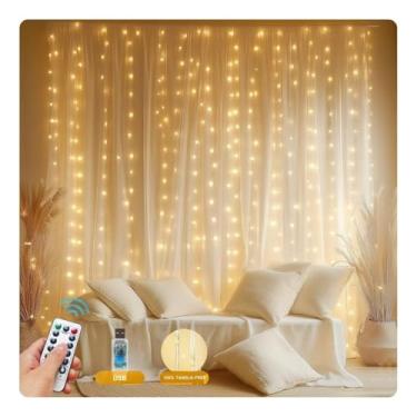 Imagem de Kit Fio De Fada Cortina 300 Leds 3x3m Usb Controle Remoto 8 Modos Branco Quente Dimmer (Branco Quente, 3x3m - USB)