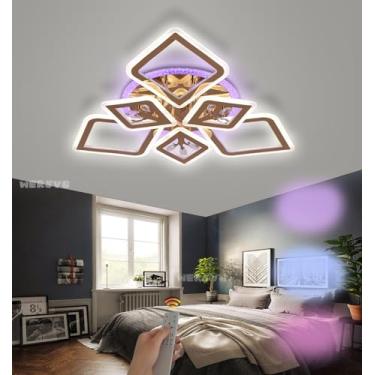Imagem de Luminária de teto LED dourada quadrada com controle remoto, regulável e com mudança de cor, lâmpadas de cristal LED RGB, iluminação de teto multifuncional moderna para quarto, sala de estar
