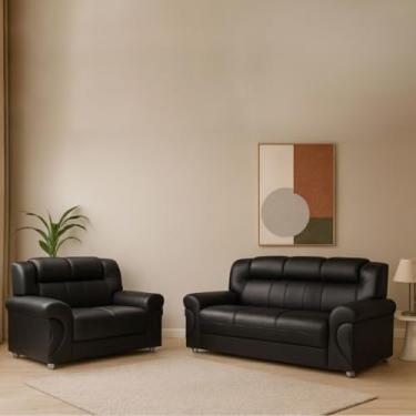 Imagem de Conjunto Sofá Cronos 2 e 3 Lugares Confortável Ideal Para Sala Tv Estofado em Corino de Qualidade - Corino Preto