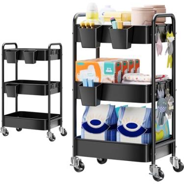 Imagem de Organizador de fraldas para bebês recém-nascidos, organizador de fraldas e armazenamento para trocador, berço, artesanato e arte com copos, carrinhos utilitários de 3 camadas de metal em rodas com