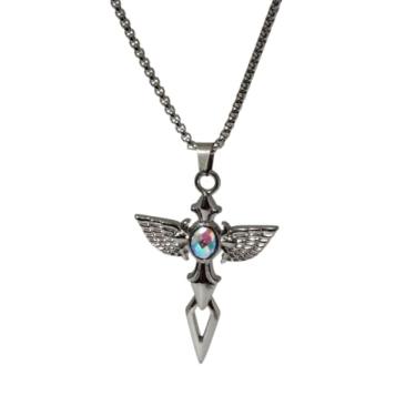 Imagem de Colar Gótico com Pingente Cruz Alada, Metal Prateado, Cristal Iridescente, Corrente Vintage, Asas Detalhadas, Pingente Decorativo