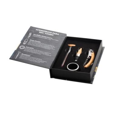 Imagem de WOLFF - Conjunto 4 Peças em Aço Inox, para vinho, com Detalhes em Madeira e Caixa Exclusiva - Inclui Saca-Rolha, Aerador, Termômetro e Corta-Gotas