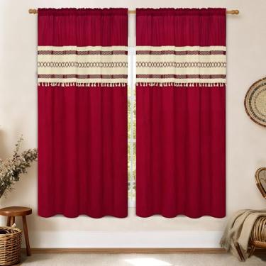 Imagem de FRAMICS Cortinas de linho para sala de estar e fazenda para quarto, cortina de janela vermelha, boho, crochê, 163 cm, conjunto de 2 painéis, filtro de luz, bolso para varão, tratamento de janela