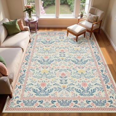 Imagem de Joydeco Tapetes rosa claro 12 x 18 cm para quarto de bebê, lavável na máquina, tapetes boho para sala de estar, antiderrapante, tapete floral macio para sala de jogos, quarto de crianças, sala de aula