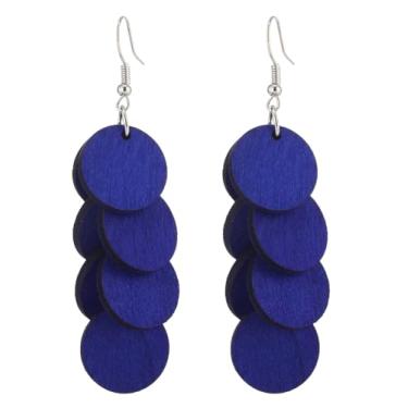 Imagem de Brincos redondos de madeira boêmios, design de disco geométrico, estilo de gancho de corrente longa para mulheres, One size, Madeira, Sem pedra preciosa