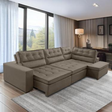 Imagem de Sofá de Canto Retrátil e Reclinável com Molas 3,40x2,00 Virginia Suede Cappuccino Adonai Estofados