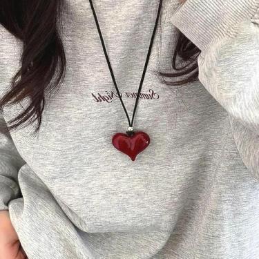 Imagem de Colar com laço de coração vermelho para mulheres, vintage, corações grandes, pingentes, corrente de corda