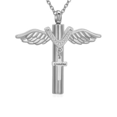 Imagem de Colar de urna de cruz para cinzas humanas asas de anjo colar pingente de cremação joia memorial lembrança para papai, mãe, pai, avó, avô, irmão, tio, Cristal, Sem Pedra Preciosa