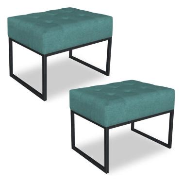Imagem de Kit 02 Puffs Lisa Suede Azul Turquesa Base Metálica Industrial Preto - Pallazio