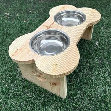 Imagem de Comedouro Elevado Pet em Madeira Pinus com Tigelas Inox – Design Minimalista para Cães de Porte Pequeno, Médio e Grande(Natural 20cm c2 pote 650ml)