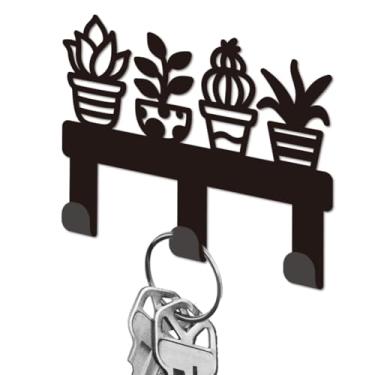 Imagem de DELORIGIN Suporte de chave de plantas em vaso para parede, pequenos ganchos pretos para chaves de ferro montado na parede com 3 ganchos, cabide de chaves para chaveiro, bolsa, coleira de cachorro