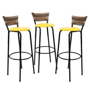 Imagem de Kit 3 Banquetas Altas 80cm Estrutura Preta Encosto Junco Cappuccino Ideal P/Bancada Cozinha Americana Bares Balcão Itagold (Assento Amarelo)