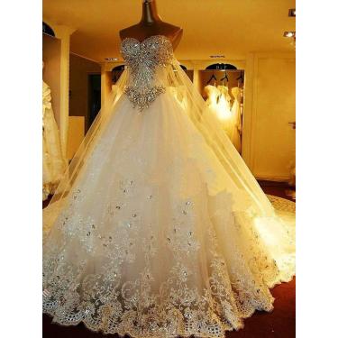 Imagem de Vestido De Noiva Longo Com Cristais Luo E Diamantes Brilhantes, Ivory, US:8 (XL)