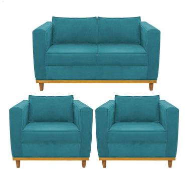 Imagem de Kit Sofá 2 Lugares 2 Poltronas Europa Suede Azul Turquesa