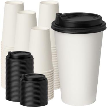 Imagem de RACETOP Xícaras de café com tampas 473 ml, pacote com 100, copos de papel descartáveis com tampas, copos quentes para casa/escritório
