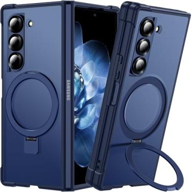 Imagem de Hensinple Capa para Samsung Galaxy Z Fold 6 com suporte de anel, [compatível com MagSafe] [Slim Fit], capa de telefone magnética translúcida traseira à prova de choque para Z Fold 6, azul