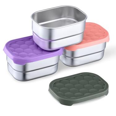 Imagem de Homikit Pacote com 3 recipientes de lanche para crianças, lancheira infantil de aço inoxidável 18/10 com tampas de silicone, conjunto de recipientes de alimentos Bento reutilizável para creche escolar