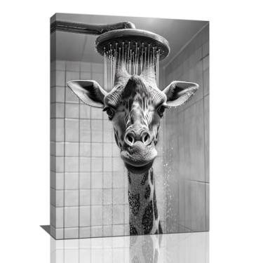 Imagem de Arte de parede de banheiro de girafa, decoração de parede com imagens engraçadas de girafa, pintura em tela de animais preto e branco, arte emoldurada para banheiro, sala de estar, quarto, escritório