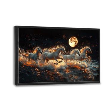 Imagem de Arte de parede de cavalo, decoração de parede com imagens de cavalos brancos, pintura de impressão em tela de animal correndo ao luar, arte emoldurada grande para sala de estar, escritório, quarto