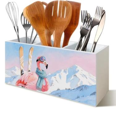 Imagem de YTRGI Organizador de lápis de flamingo para esquiar de inverno, para mesa, presentes de flamingo rosa, pássaro tropical rosa, montanha, neve, madeira, utensílios de cozinha, organizador de utensílios