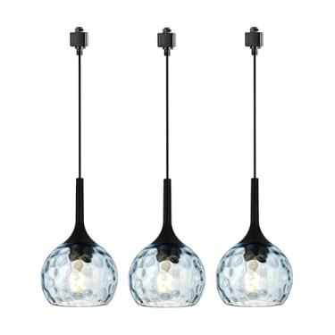Imagem de VINLUZ Pacote Com 3 Luminárias Pendentes Cúpula De Vidro Azul Redondo Estriado, Luminária Trilho Tipo H, Lustre Fazenda Para Sala Jantar Acabamento Preto