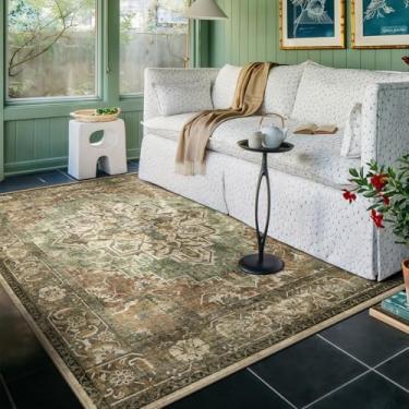 Imagem de GERUIMO Tapete lavável de 10 x 15 cm para sala de estar, marrom verde boho vintage, tapete grande antiderrapante de lã sintética macia, adequado para crianças e animais de estimação para quarto, sala