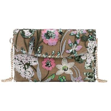 Imagem de Bolsa feminina de ombro bordada de lantejoulas com corrente floral para o verão, bolsa tiracolo para noite, Verde, 14.37 x 0.39 x 6.69 inches, Bolsas transversais