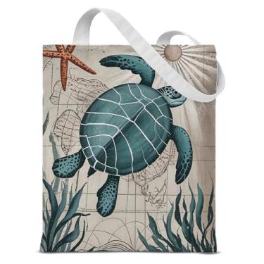 Imagem de QYCFDXD Sacola de lona de tartaruga marinha náutica para mulheres, meninas, tartaruga, azul-petróleo, reutilizável, bolsa de ombro para compras, viagens, trabalho, presente para amantes do oceano