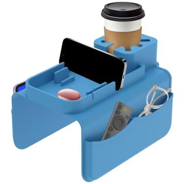 Imagem de Bandeja de silicone para sofá, bandeja antiderrapante para braço de sofá com dois bolsos laterais, suporte de bebida para apoio de braço de sofá, suporte de poltrona para lanche de celular com