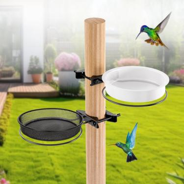 Imagem de Alimentador de pássaros para poste de corrimão, estação de alimentação de pássaros com bandeja de comida de malha de metal e tigelas de água ajustáveis de 6,9 cm alimentadores de beija-flor para
