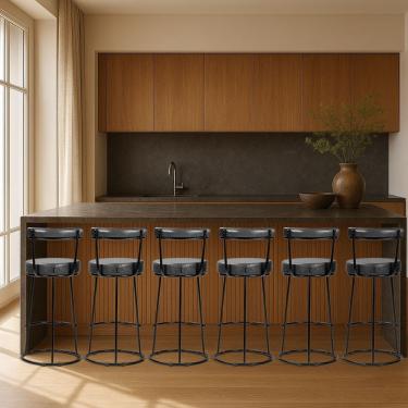 Imagem de Banqueta Alta Cozinha 70cm Encosto Industrial Aço Kit 6 Ziria Pu S02 - D'rossi Preto