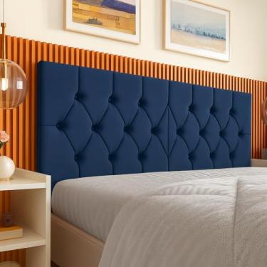 Imagem de Cabeceira Estofada Capitonê para Cama Box Casal 140cm em Suede – Cabeceira Suspensa Decorativa(AZUL)