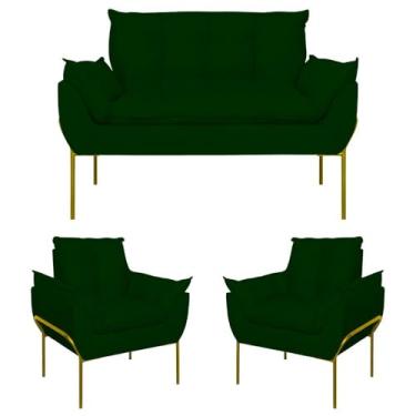 Imagem de Kit 2 Poltronas + Namoradeira Pé Metal Dourado Recepção Sala Cor:verde